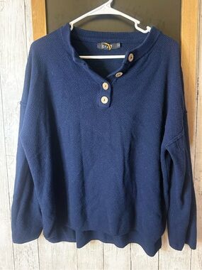 Women’s Navy Blue L Waffle like Long Sleeve Round Neck Preppy Pullover Shirt